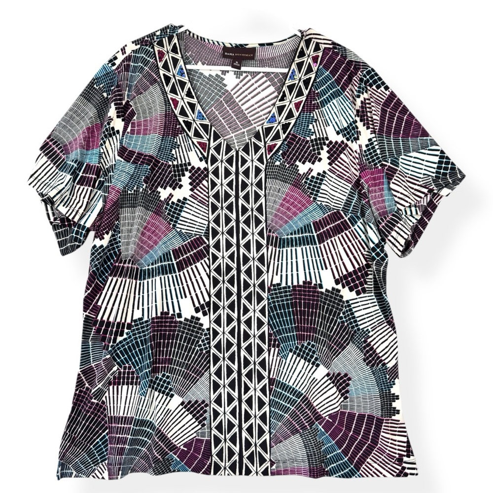 Dana Buchman African Kaleidoscopeā Blouse Womens XL Short Sleeve Sequined V Neck